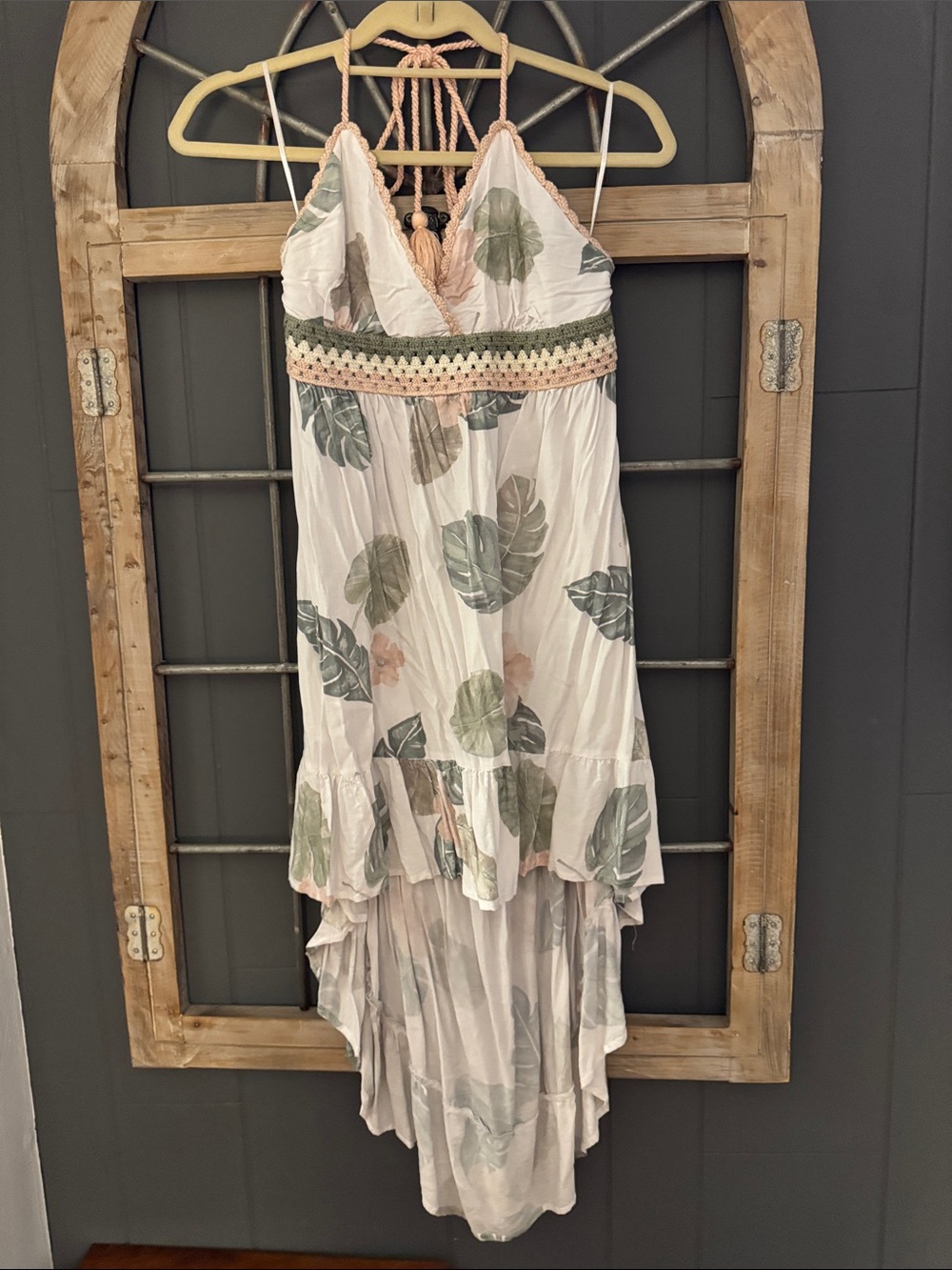 Boho High-Low Leaf Print Sundress - White & Green
